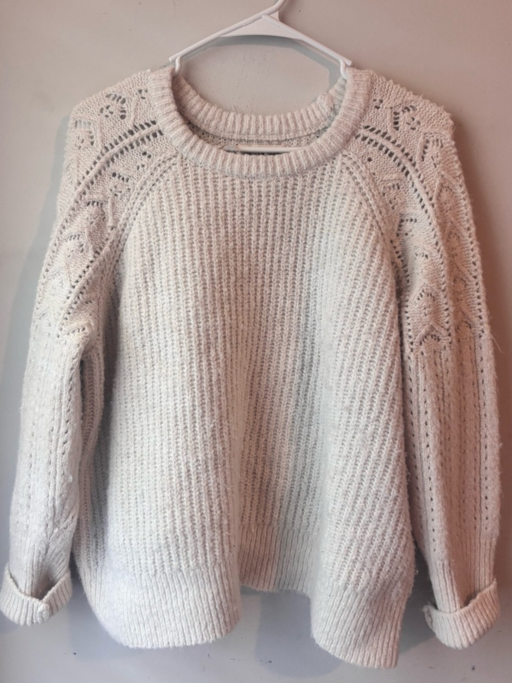 Lucky Brand Cream Crewneck Sweater with Lace Sleeve Detail
